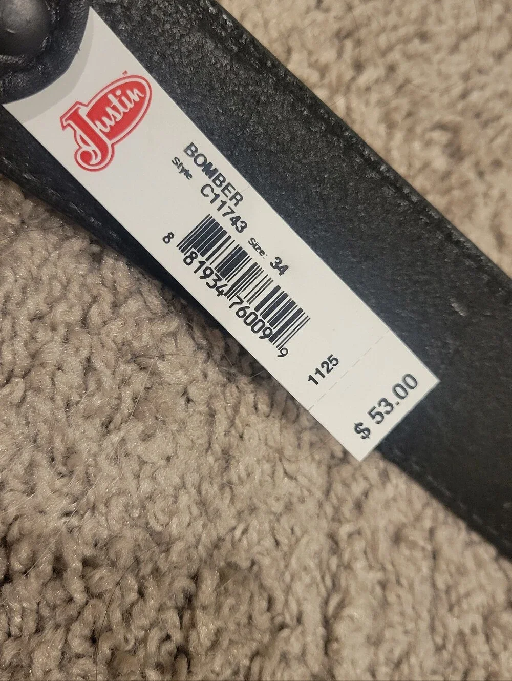 Justin Bomber Black Leather Belt Size 34 NWT